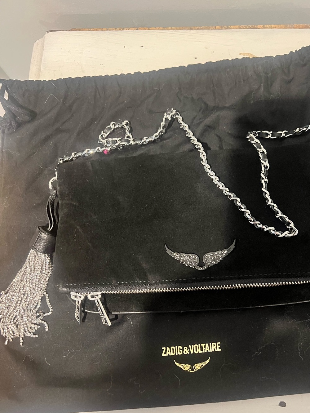 Zadig & Voltaire ROCK SUEDE STRASS TASSEL CROSSBODY BAG IN NOIR - Picture 3 of 13